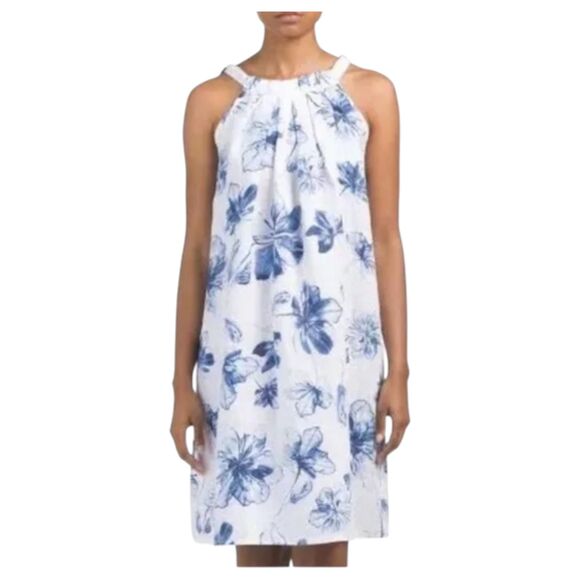 Bella Umbra Italy Linen White Blue Floral Resort Sleeveless Flowy Dress  Medium - Picture 4 of 6